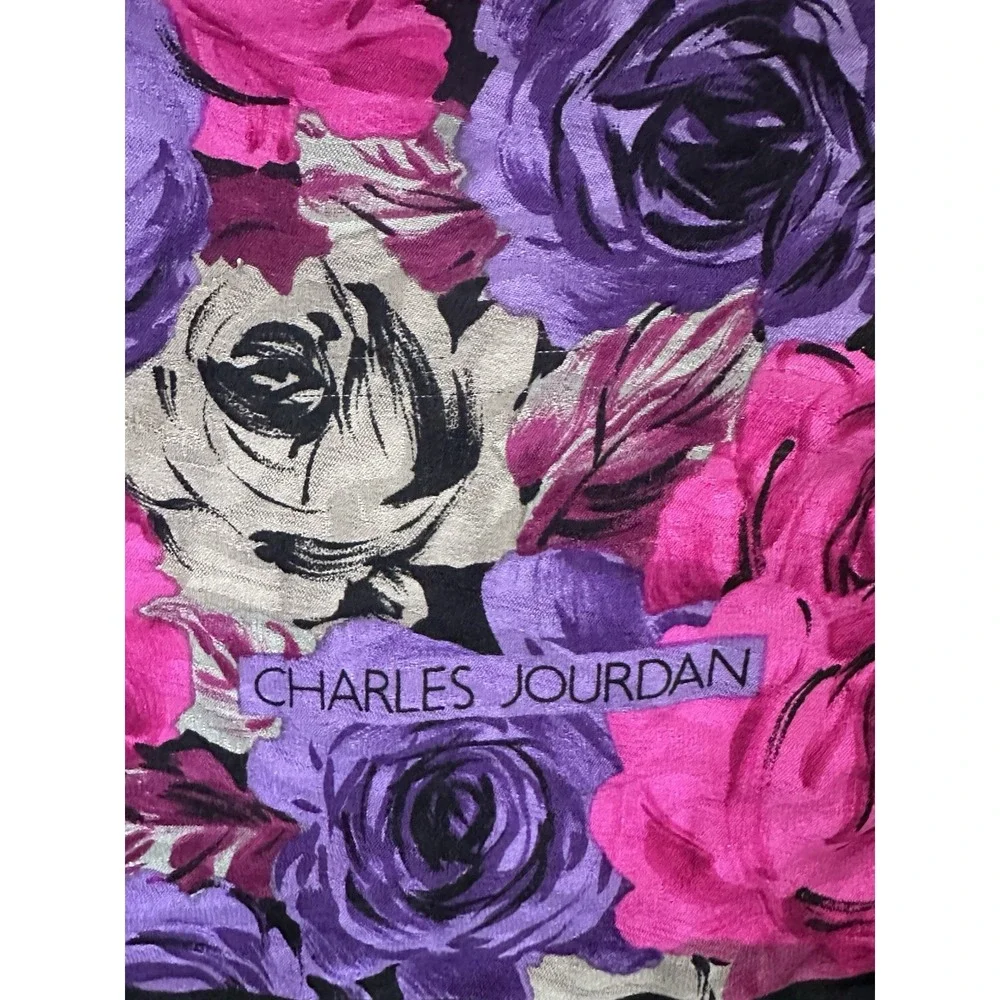 Vintage 1980s Charles Jourdan Silk Scarf 33x33 Floral Pink Purple Black‎